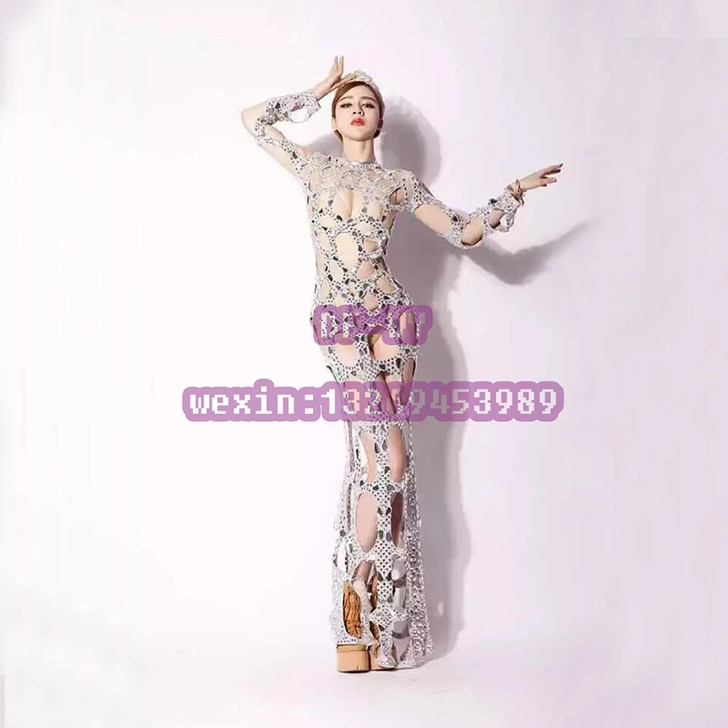 

Bar night club party large nets hollow out bright diamonds sexy women dress is suitable for the garment stage
