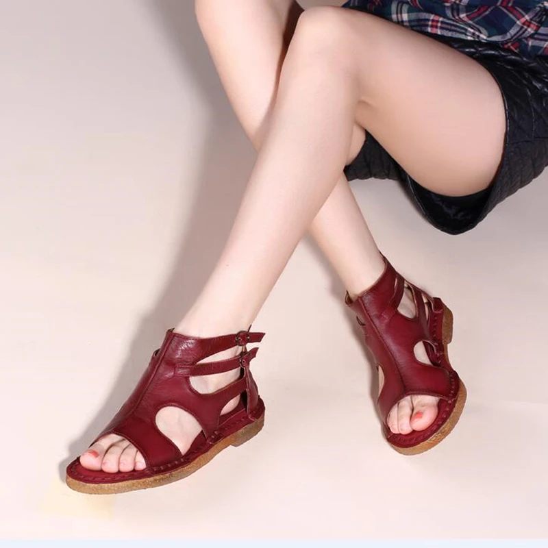 

Zimnafr brand handmade genuine leather women sandals comfortable flat zipper women summer shoes mather gladiator sandals