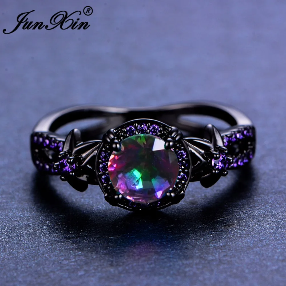 

JUNXIN Female Rainbow Ring Blue Crystal Zircon Rings Black Gold Filled Jewelry Vintage Wedding Rings For Women Best Friend Gifts