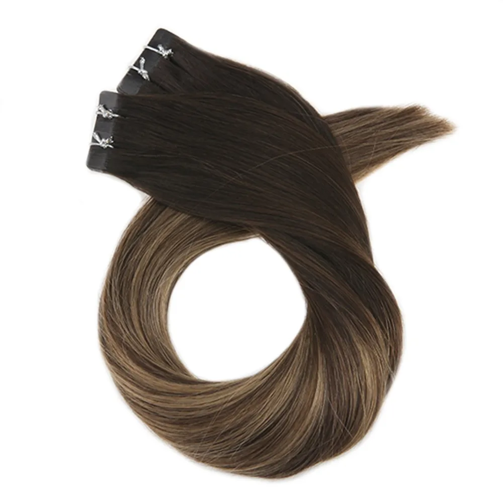 Moresoo Tape in Hair Extensions Human Hair Real Remy Hair Balayage Ombre Color #1B to #3 Brown Highlighted with #27 Blonde