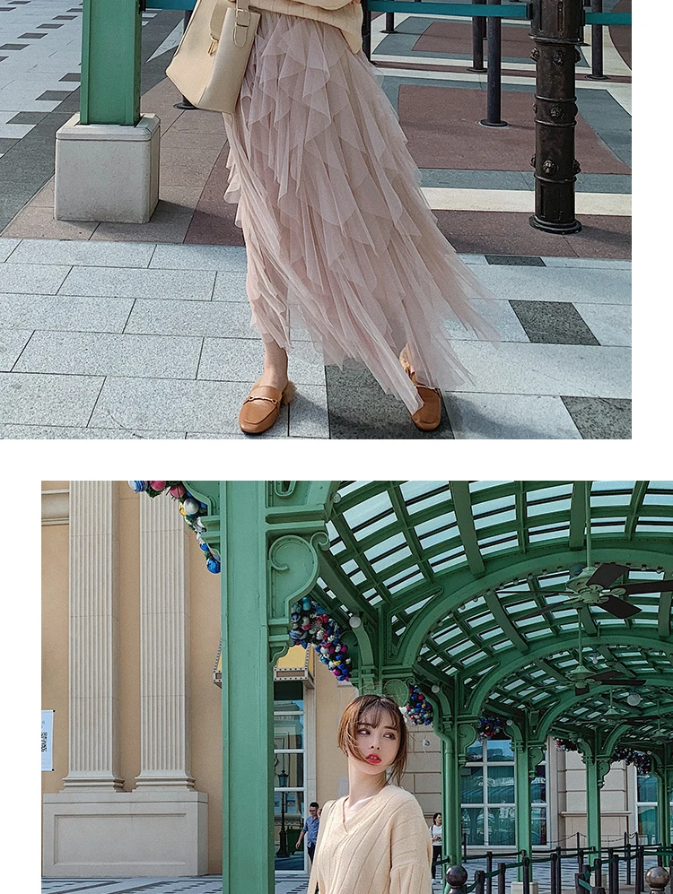 2019 тюлевые женские юбки Высокая талия сетки гофрированная кайма ассиметричная длинная юбка