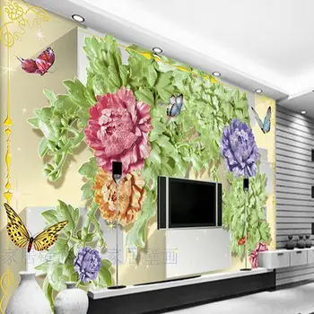 

Large custom 3D wallpaper murals 3d jade flowers Peony Butterflies living room sofa TV background 3D wallpaper