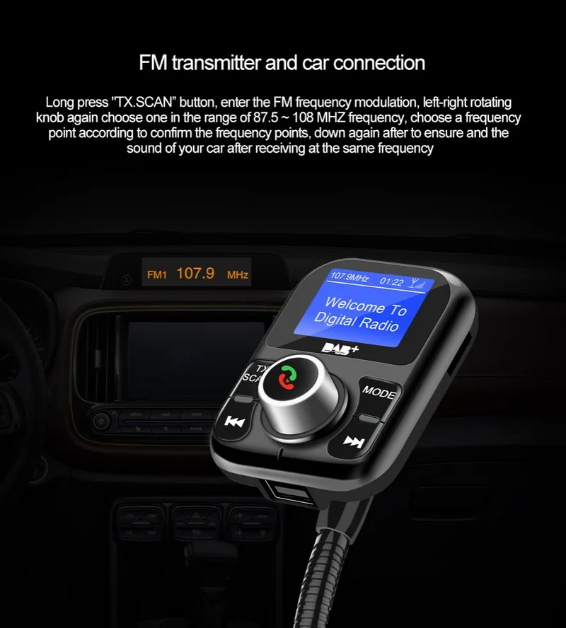 Цифровой DAB/DAB+ приемник Антенна зарядки Порты MP3 плеер хэндс-фри Bluetooth ЖК-дисплей Дисплей автомобильный набор, свободные руки, FM передатчик TF USB