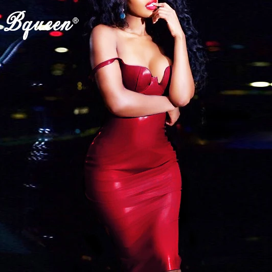 

Bqueen 2017 New Solid Color Strap PU Sexy Leather Dress Knee-Length Bodycon