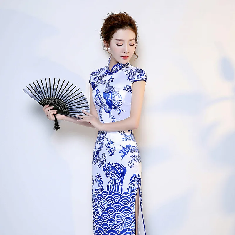 Атлас Cheongsam белое синее фарфоровое китайское свадебное платье Мода 2019 г. Длинные китайское традиционное платье для женщин платья для