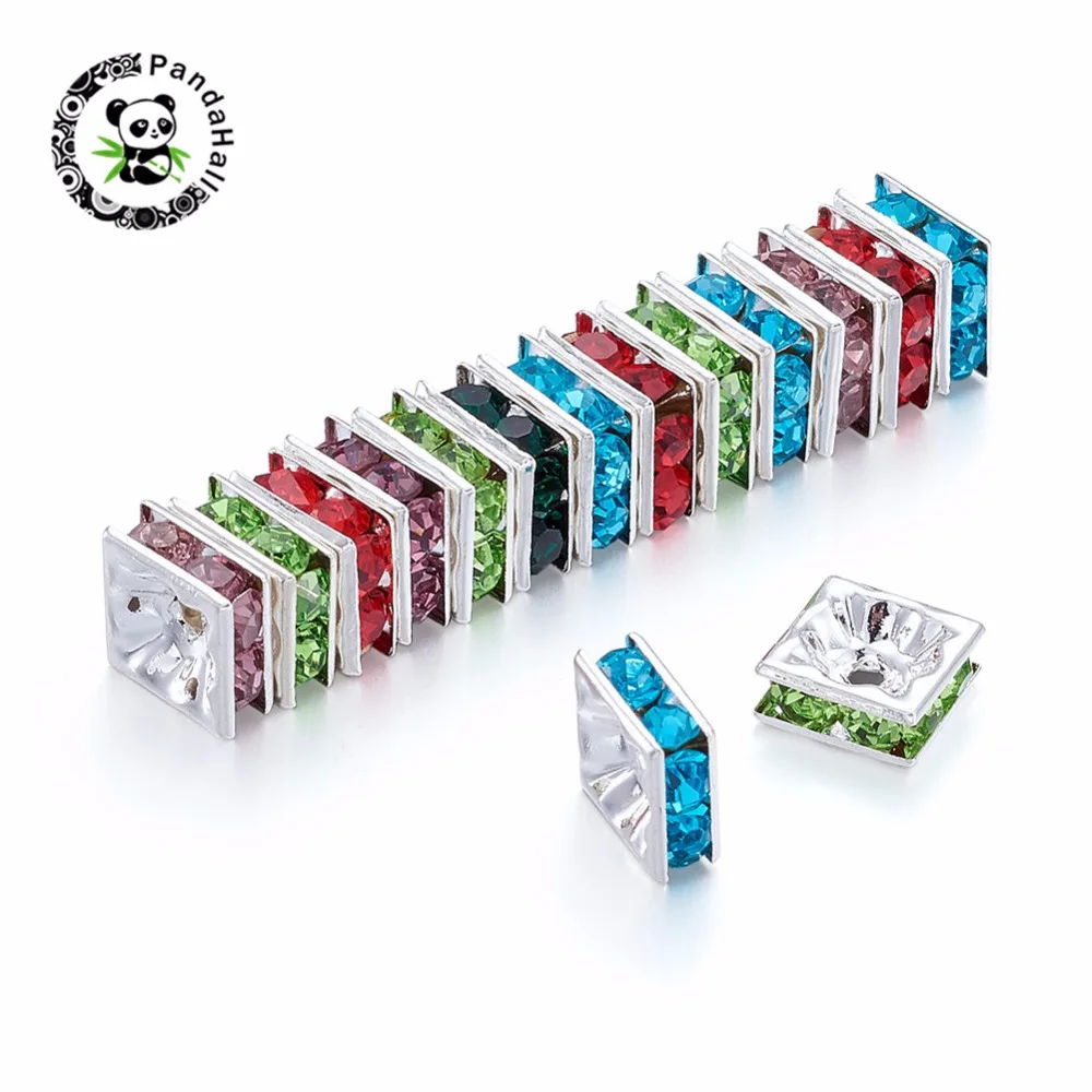 

Rhinestone Spacer Beads, Square, Nickel Free, Mixed Color, Silver Metal Color,Size: about 8mm wide, 8mm long, 4mm thick, hole: