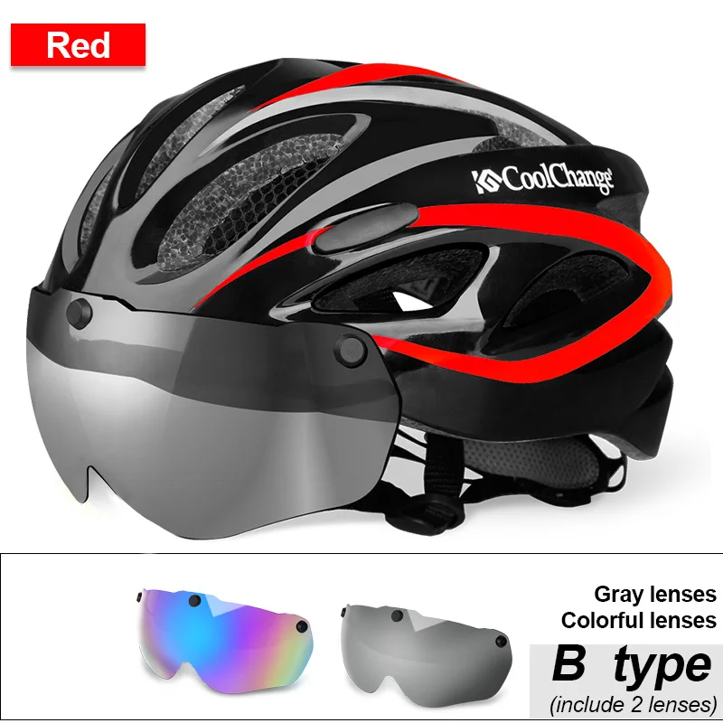 CoolChange Bicycle Helmet EPS Insect Net Road MTB Bike Windproof Lenses Integrally-molded Helmet Cycling Casco Ciclismo - Цвет: B Red 2 lenses