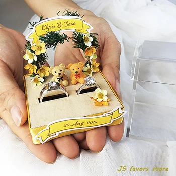 

Free shipping pro 1pcs custom Acrylic wood yellow flower bear engagement marriage proposal wedding decoration Manual ring pillow