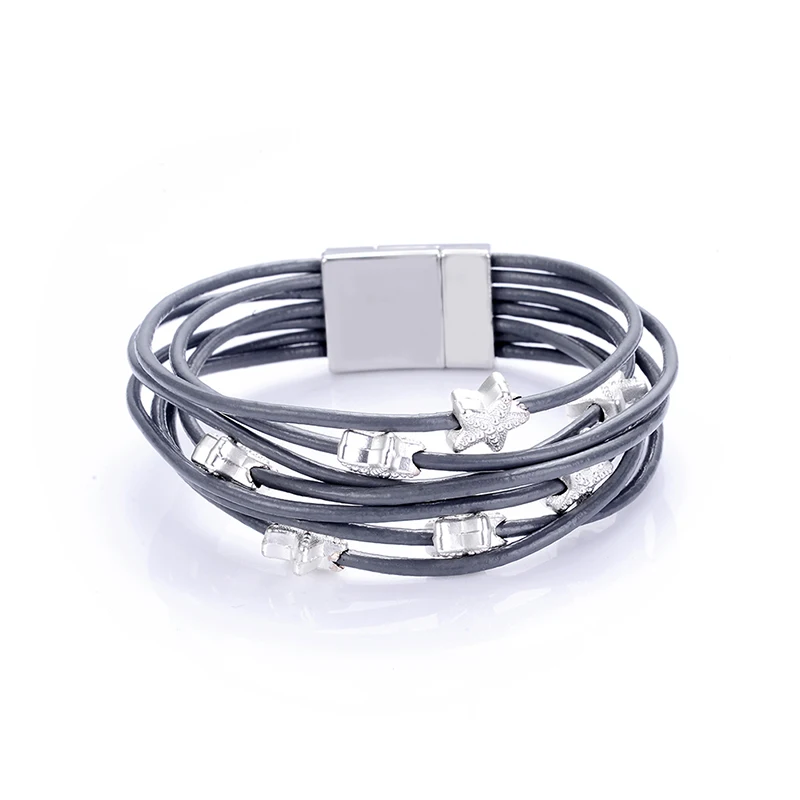 

New trendy alloy star charm spacer beads multi-layer geniune leather cord magnetic clasp wrap bracelets bangles women and men