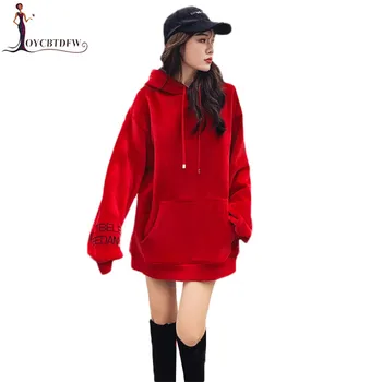

Women Hoodie 2019 New Red Gold Velvet Hoodies Loose Thickening Imitation Lambswool Hoodies Medium Long Autumn Winter Tops DD0855