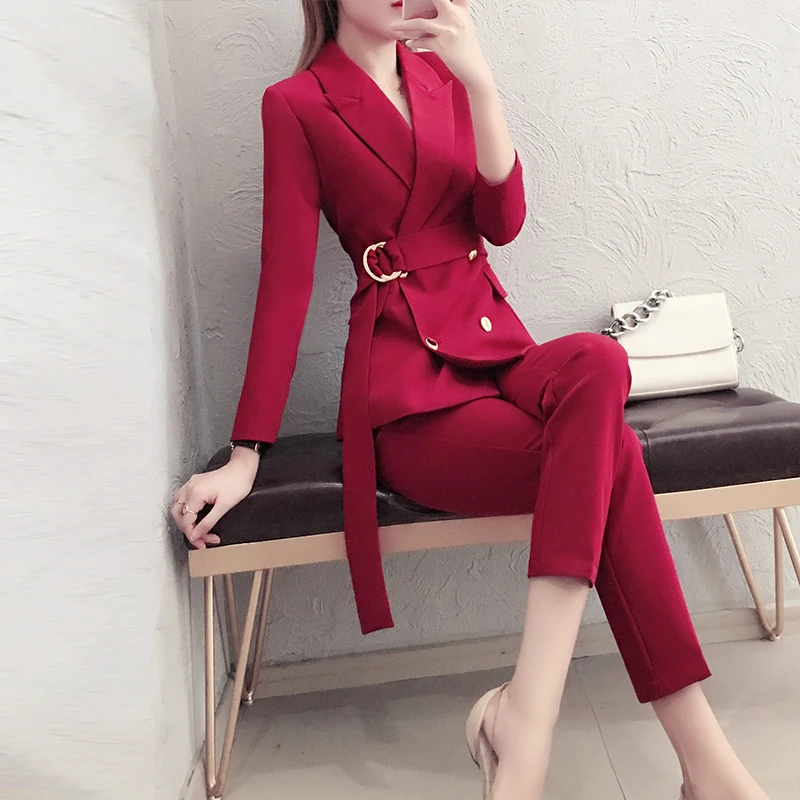 

Red RoosaRosee 2019 Fashion Women's Clothing Twinsets Office Lady Wine Red Black Blazer Tops + Pencil Pants Two Piece Set Suits