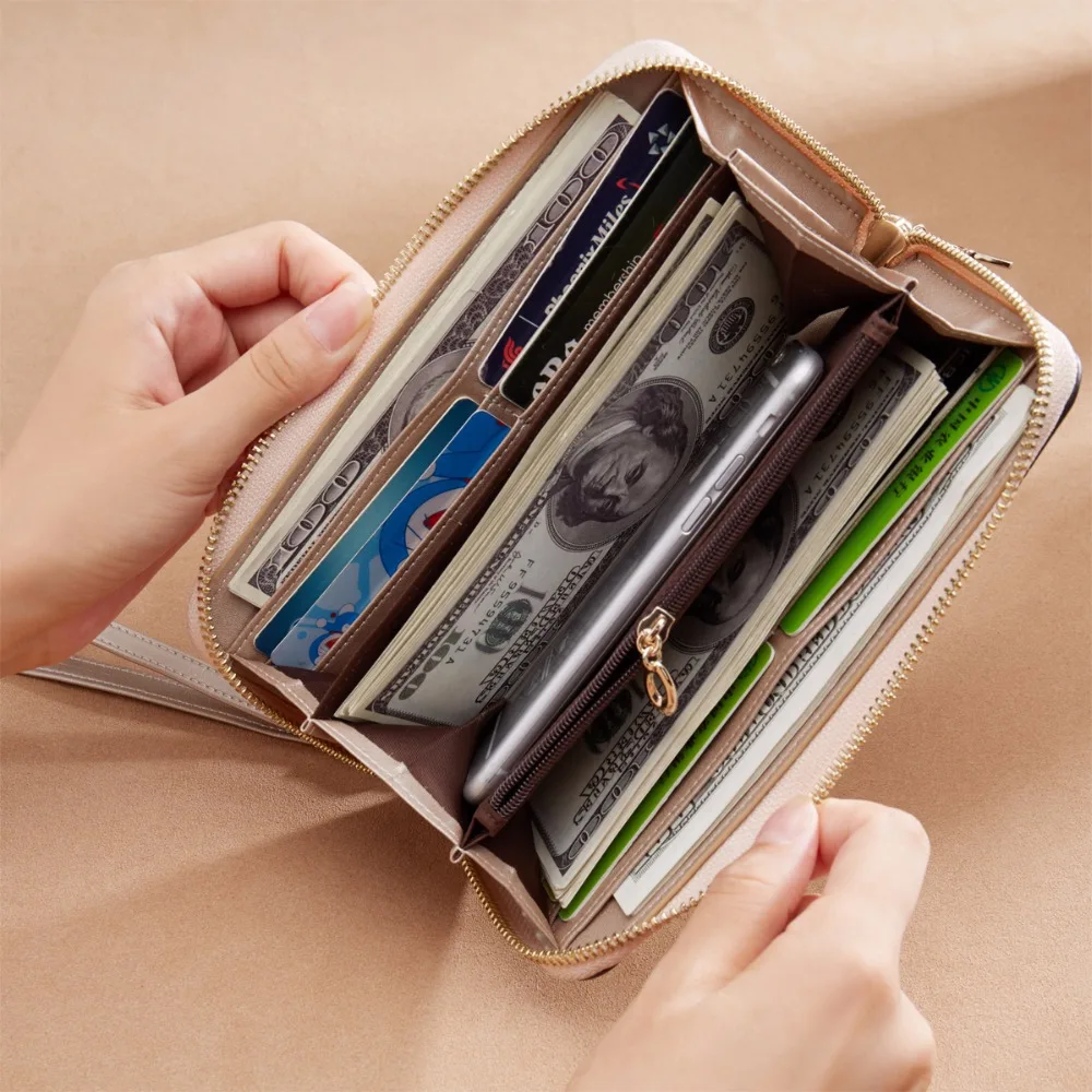 FOXER Women Leather Wallet Bifold Wallet Clutch Wallet with Wristlet Card Holder Coin Purse Cellphone Bag Female Clutch Bags