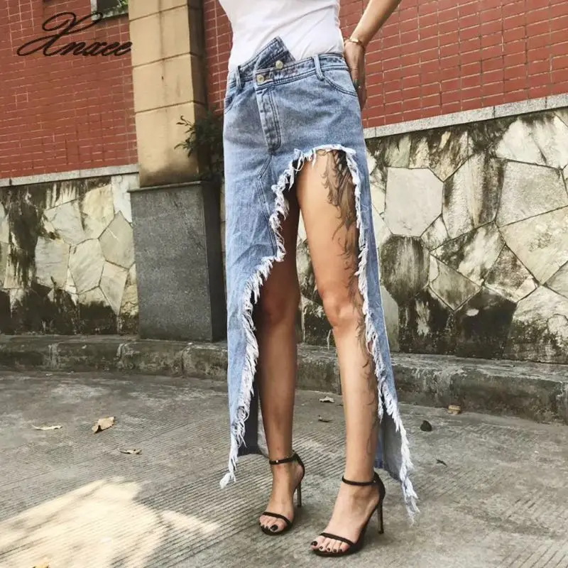 

2019 summer new style in the long section of the irregular split fork raw edge worn denim skirt female