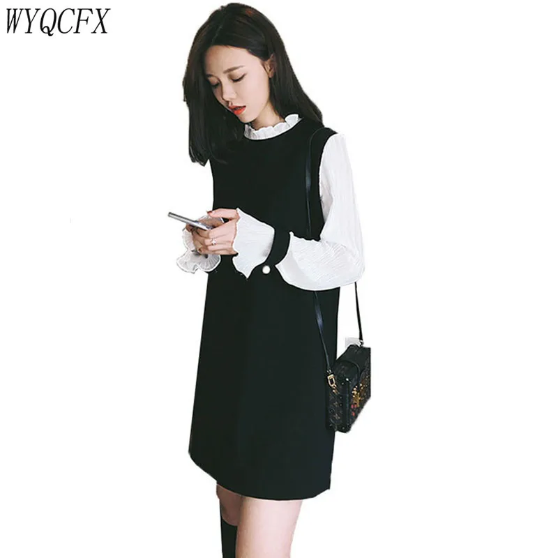 

2019 New Spring Korean Patchwork Flare Sleeve Woman Dress Elegant Slim Long Sleeve Female Mini Dresses Plus Size 4XL Black W096