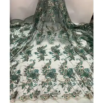 

New Design African Lace Fabric With Beads tulle lace fabrics Green 3D Flower High Quality beads Nigerian Lace Fabrics BGS03