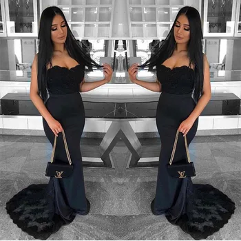 

Robe De Soiree Sweetheart Mermaid Bridesmaid Dresses Black Satin Appliques Formal Wedding Party Dresses Sweep Train