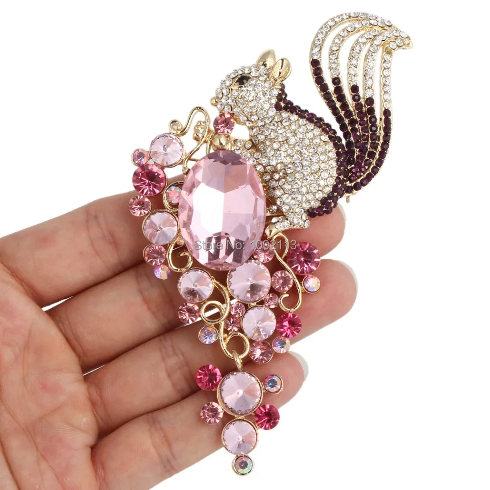 Bella Fashion New Spring 3 Colors Squirrel Rhinestone Brooch Pins Austrian Crystal Flower Animal Brooches For