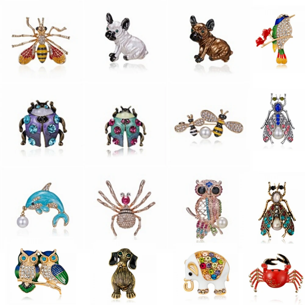 

Rinhoo Natural animals Brooch pins Bee owl Beatle dolphin pet dog Crab bird Brooch For women Crystal Costume Jewelry Accessories