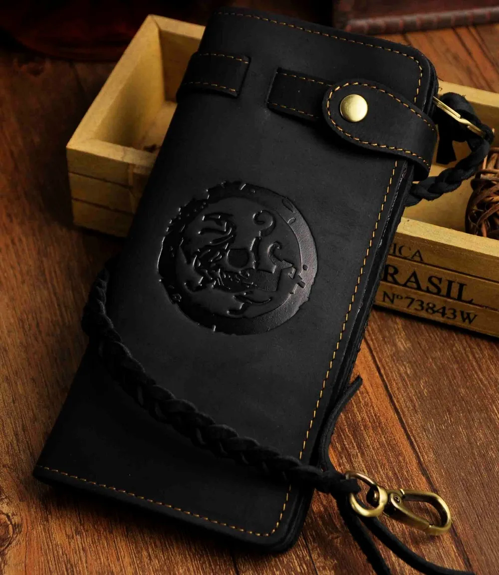 Prix Offre spéciale bétail mâle organisateur fou cheval en cuir véritable conception chéquier chaîne portefeuille sac à main embrayage sac à main pour hommes N3377d