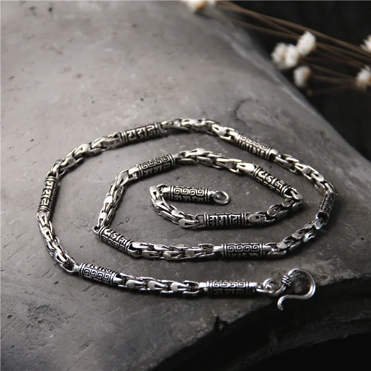 

Starfield Sanakrit S925 Sterling Silver Retro Thai Silver Six Words Scripture Necklace 5MM Rough Chain Men's Personality Chain