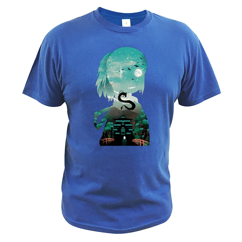 Футболка с рисунком унесенных призраками Огино чихиро и дракон, хлопковая летняя футболка с рисунком Хаяо Миядзаки, европейский размер - Цвет: Синий
