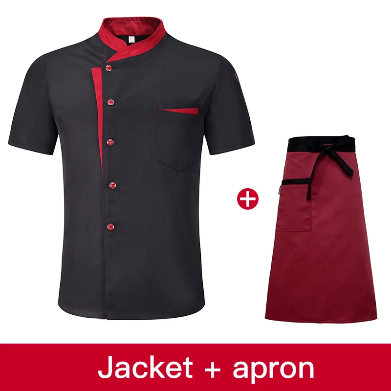 Мужская униформа для ресторана, кухни, шеф-повара, дышащая куртка с короткими рукавами+ Кепка+ фартук, рабочая одежда для мужчин - Цвет: jacket apron