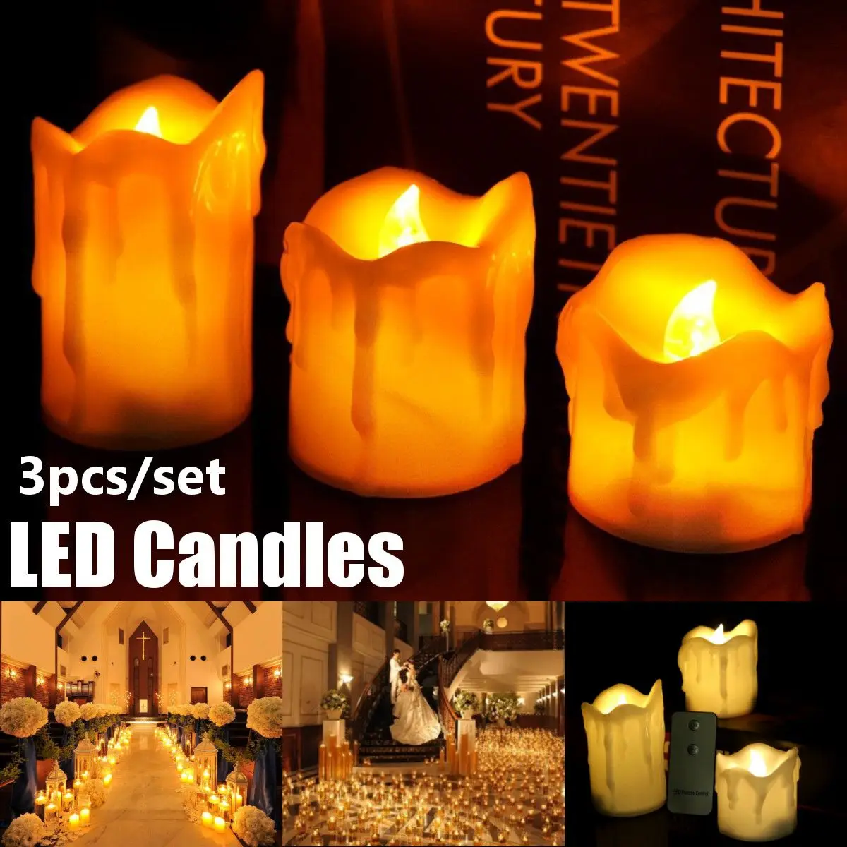 

3Pcs Flameless Yellow Flicker Tear Wax Drop Candle Remote Control Battery Operated Tea Lights Realistic Led Tea Light Candle