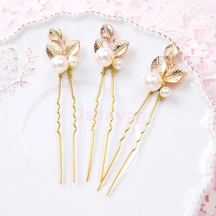 6 pcs Wedding Bridal Bridesmaid Gold Clover Faux Pearl Hair Pins Clip