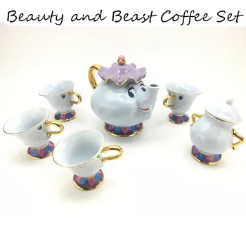 

Cartoon Beauty And The Beast Coffee Pot Cup Sugar Set Creative Kettle Mug Mrs Potts Chip 18K Goldplated Friend Gift