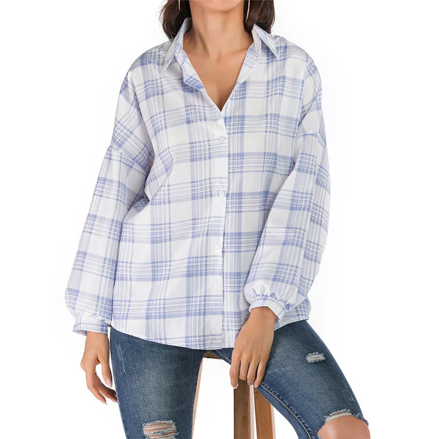 Women Work Office Top Fashion Turn Down Collar Long Sleeve Plaid Print Buttons Loose T-Shirt Blouse et Chemisier Femme | Женская одежда
