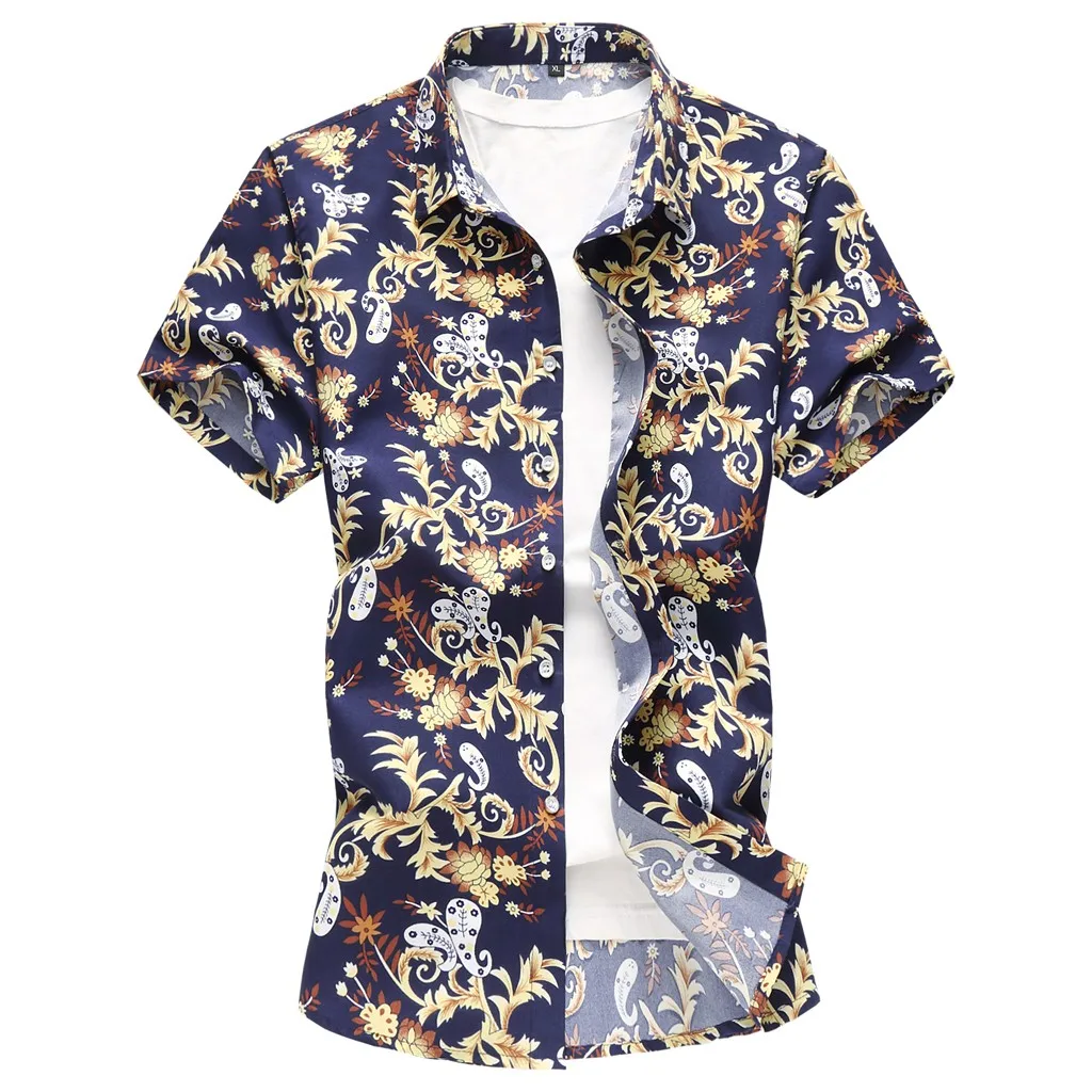 Бесплатная Страусиная Новая Летняя мужская мода с растительным принтом короткий рукав Гавайский стиль рубашка хлопок удобные лацканы
