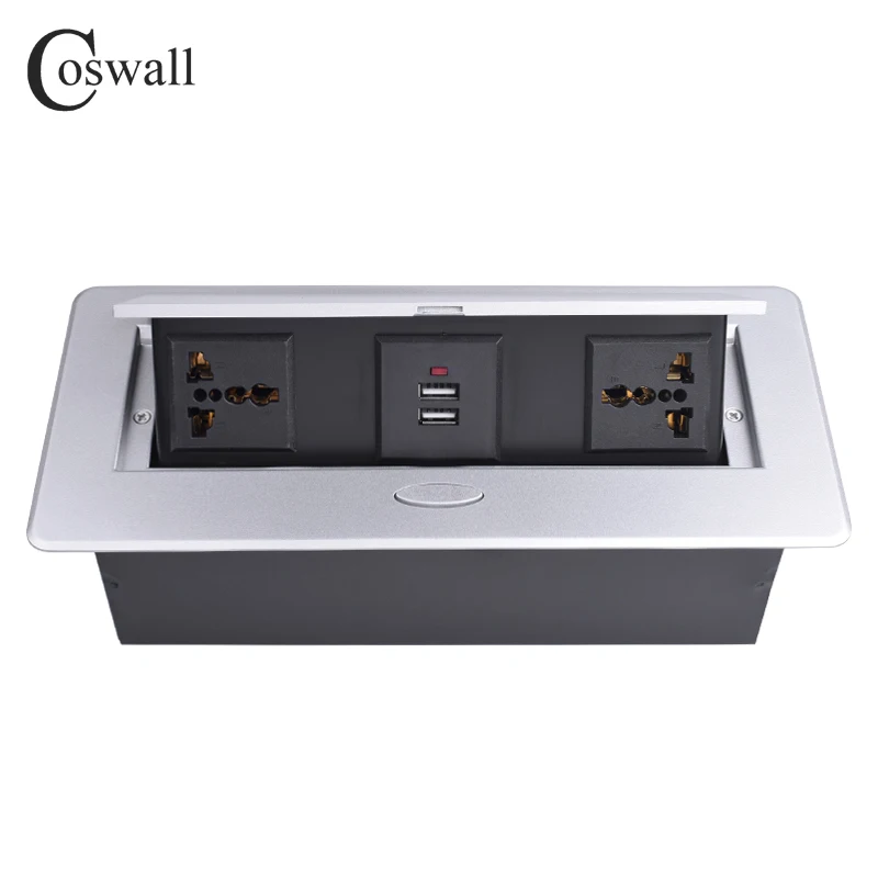 

COSWALL Zinc Alloy Plate Slow POP UP 2 Universal Socket For EU UK US Israel Chile Italy Dual USB Charge Port Table Outlet