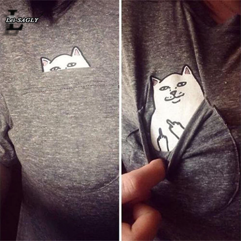 

Summer Spring Hipster Pocket Wild Cat Printed Gray Color T shirts Harajuku Style Fitness Women Short Sleeve O-Neck T-shirt H378