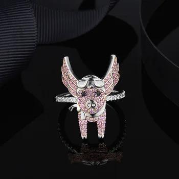 

[MeiBaPJ]Real 925 Sterling Silver Pink Fly Pig Animal Ring for Women Fashion Charm Party Jewelry
