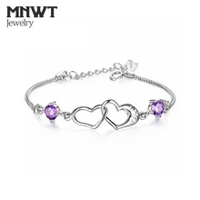 MNWT простые браслеты дружбы сердечко серебряного цвета белый фиолетовый циркон для женщин Двойное Сердце Любовь Подвеска Амулет браслет
