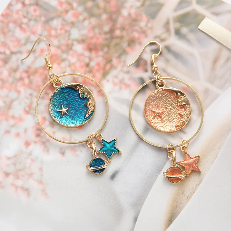

2 Colors in1 Pair Blue Sky Moon Star Ocean Sweet Ear Earrings Handmade Jewelry