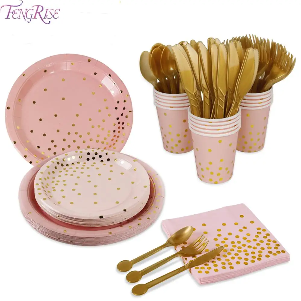 

FENGRISE 168PCS Rose Gold Party Disposable Party Tableware Disposable Cups Towel Paper Plate Spoon Birthday Party Decor For Kids