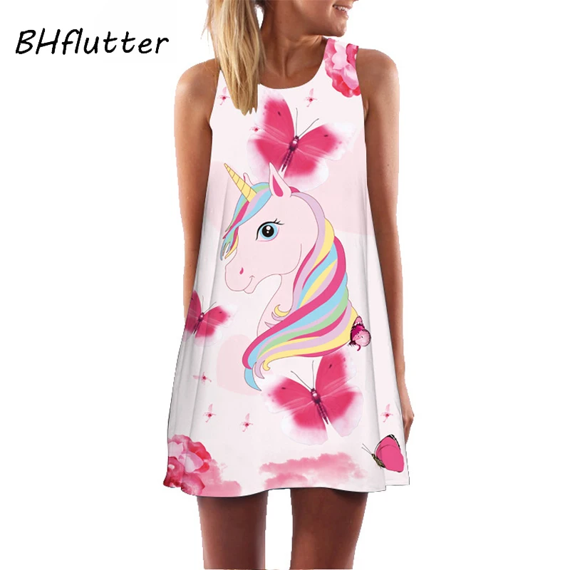 

BHflutter Cute unicorn Print Dress Women Fashion Sleeveless Chiffon Summer Dress Ladies Sweet A-line Casual Party Dress jurken
