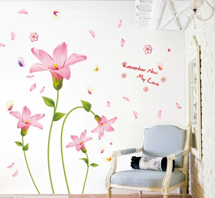 Pink flowers large wall stickers flowers home decor living room bedroom