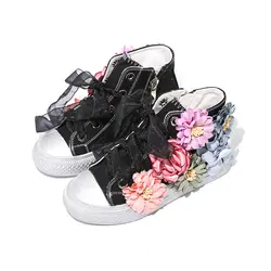 Детская обувь для девочек на весну и осень модные трехмерные цветы, инкрустированные принцессы обувь высокая парусиновая обувь