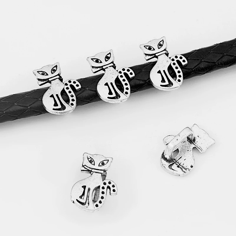 

20pcs Antique Silver Cat 10x7mm Slider Spacers Fit 10mm x 6mm Licorice Leather Cord