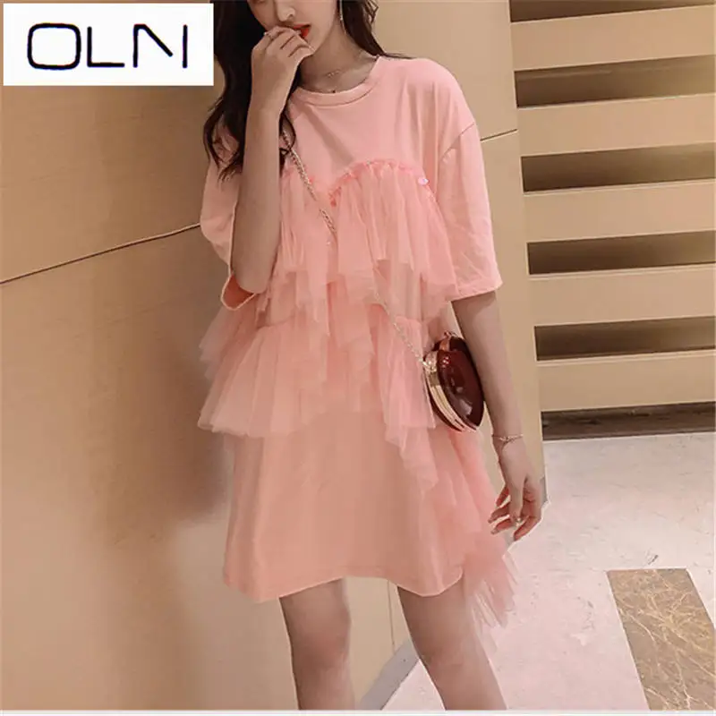 Летнее платье новое поступление vestIdos Mesh OLN Новое Женское платье-футболка с длинным разрезом женское корейское платье - Цвет: Розовый