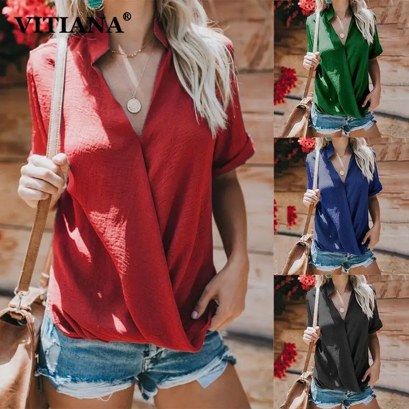 VITIANA Women Casual Chiffon Beach Blouse Summer 2019 Female Black Short Sleeve Stand V-Neck Streetwear Womens Tops and Blouses VITIANA Women Casual Chiffon Beach Blouse Summer 2019 Female Black Short Sleeve Stand V-Neck Streetwear Womens Tops and Blouses