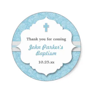 

3.8cm Blue Damask cross boy baptism christening favor Classic Round Sticker