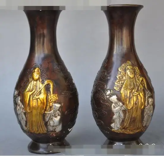 

S5256 8"tibet bronze gilt silver Bodhisattva Kwan-Yin SongZi statue pair Pot Vase Jar