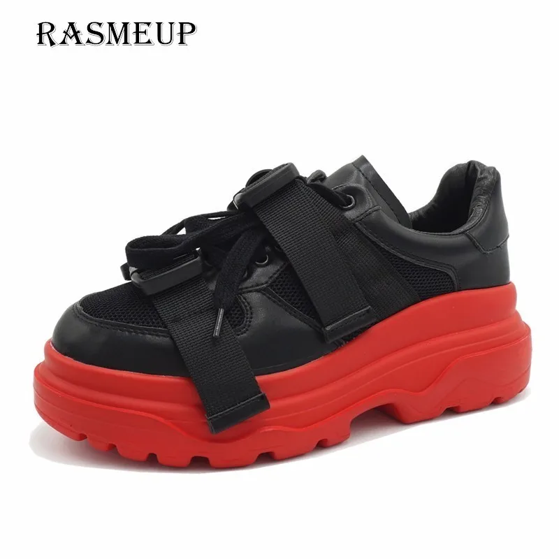 RASMEUP Véritable En Cuir Maille Femmes de Plate-Forme Sneakers 2019 Mode Femmes Blanc Noir Papa chaussures pour femme décontracté Chunky Formateurs - 2