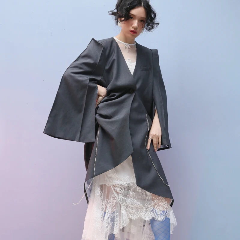 

[EWQ] 2019 Spring Autumn New Pattern V Collar Long Sleeve Asymmetrical Patchwork Sinlge Button Casual Suit Coat Women AG37002M