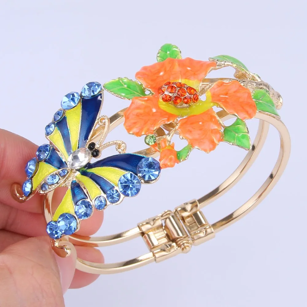 

Tuliper Gold Tone Colorful Enamel Butterfly Flower Bangle Austrian Crystal Animal Bangle For Women Party Jewelry