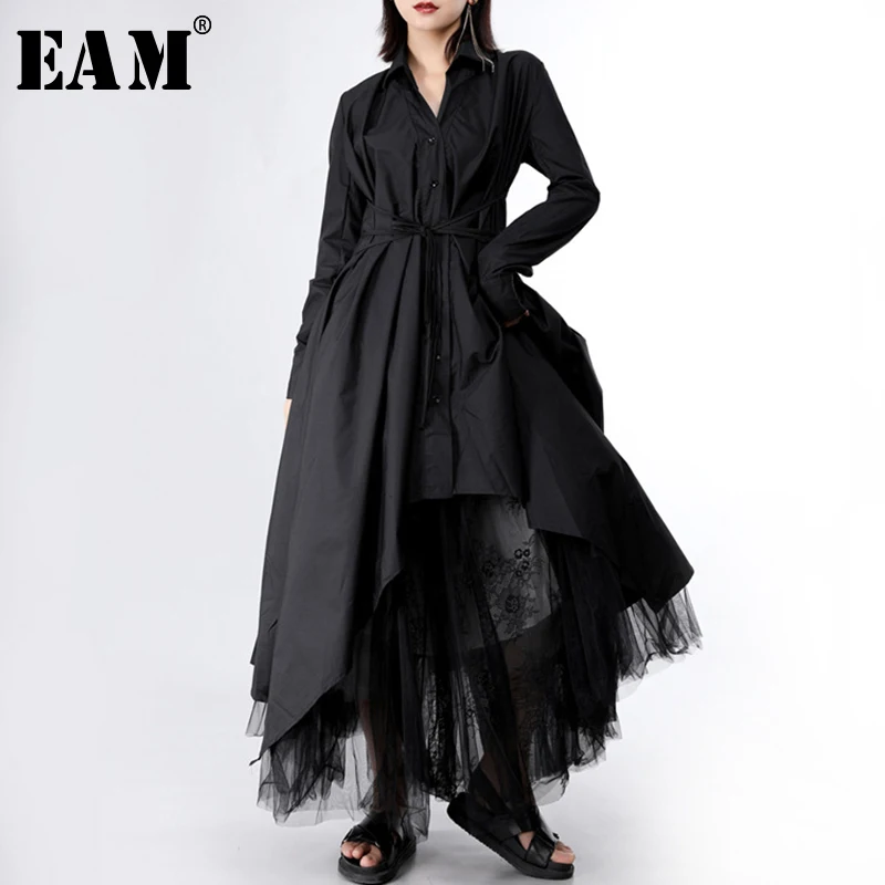 

[EAM] 2020 New Spring Autumn Lapel Long Sleeve Button Bandage Stitch Pleated Irregular Shirt Dress Women Fashion Tide JY778