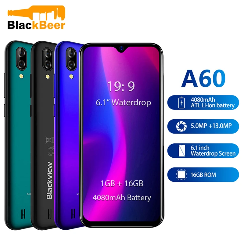 Продажа Оригинальный смартфон Blackview A60, 3G, 199, 6,1 дюймов, Android, мобильный телефон, 4080 мА ч, аккумулятор, 1 ГБ, 16 ГБ ROM, мобильный телефон, 13 МП + 5 МП, две sim ка...